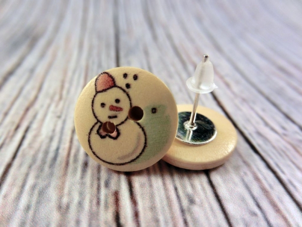 Schneemann Holz Knopf Ohrstecker Winter Schnee